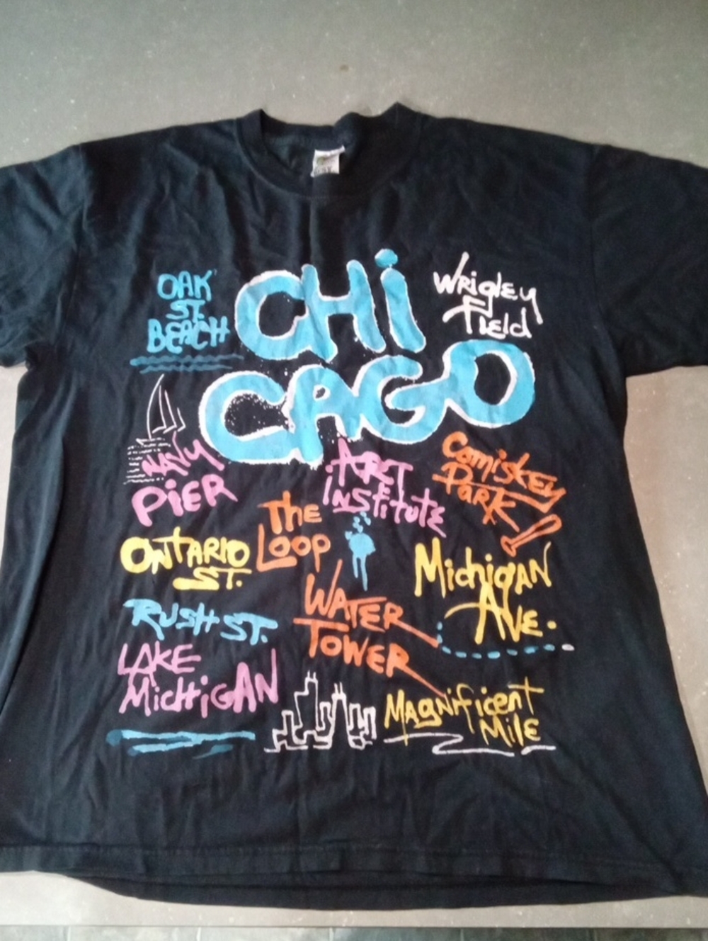Y2k Vintage Chicago Landmark Grafitti Tee - Black with Blue & Multicolor Print